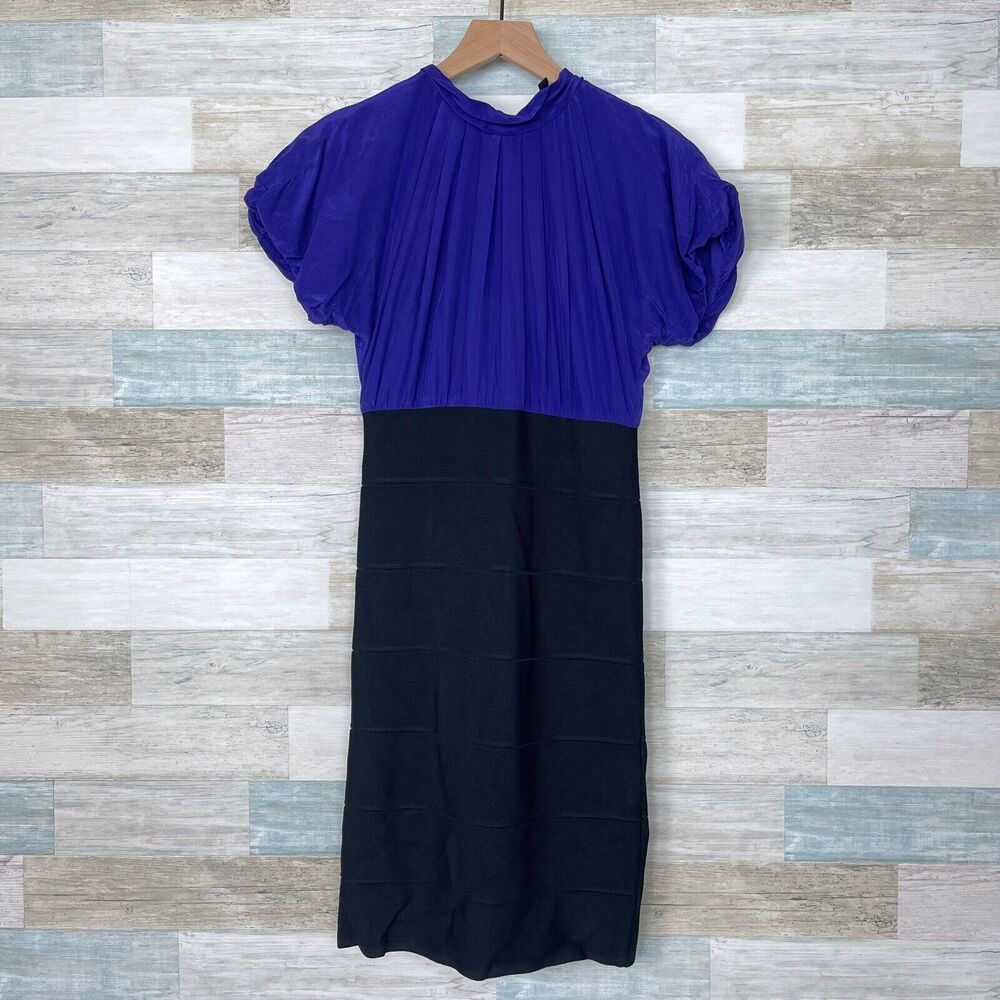 BCBGMaxAzria Silk Blouson Bandage Dress Purple Black Bodycon Stretch Womens XS